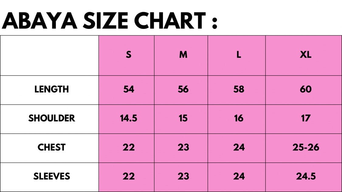 Abaya size chart showing measurements for small to extra-large sizes, including length, shoulder, chest, and sleeves.
